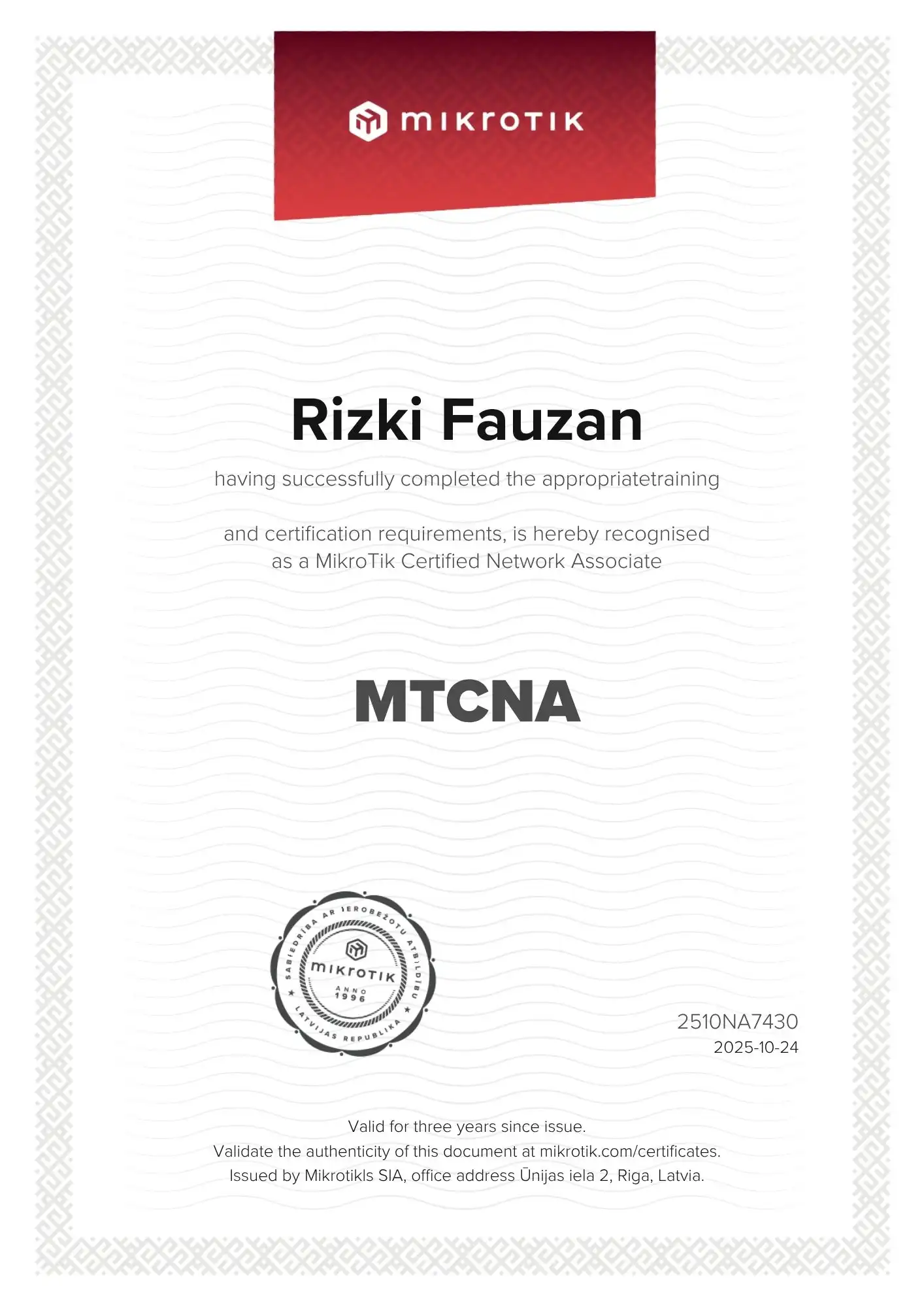 MTCNA Certificate